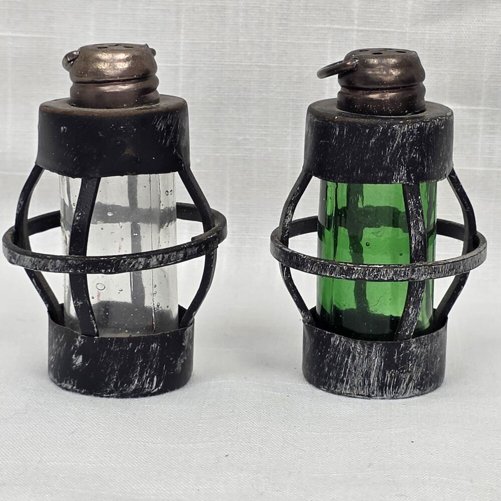 Vintage Miniature Lanterns Glass Metal Set of 2 Clear Green Rustic Decor